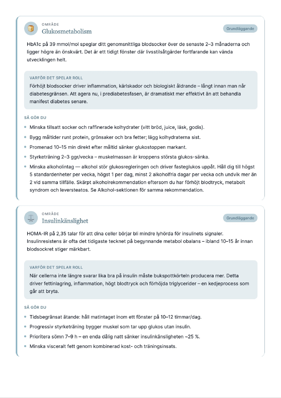 Exempel ur hälsorapport från Vitala Premium — rådgivning och individuell longevity-plan