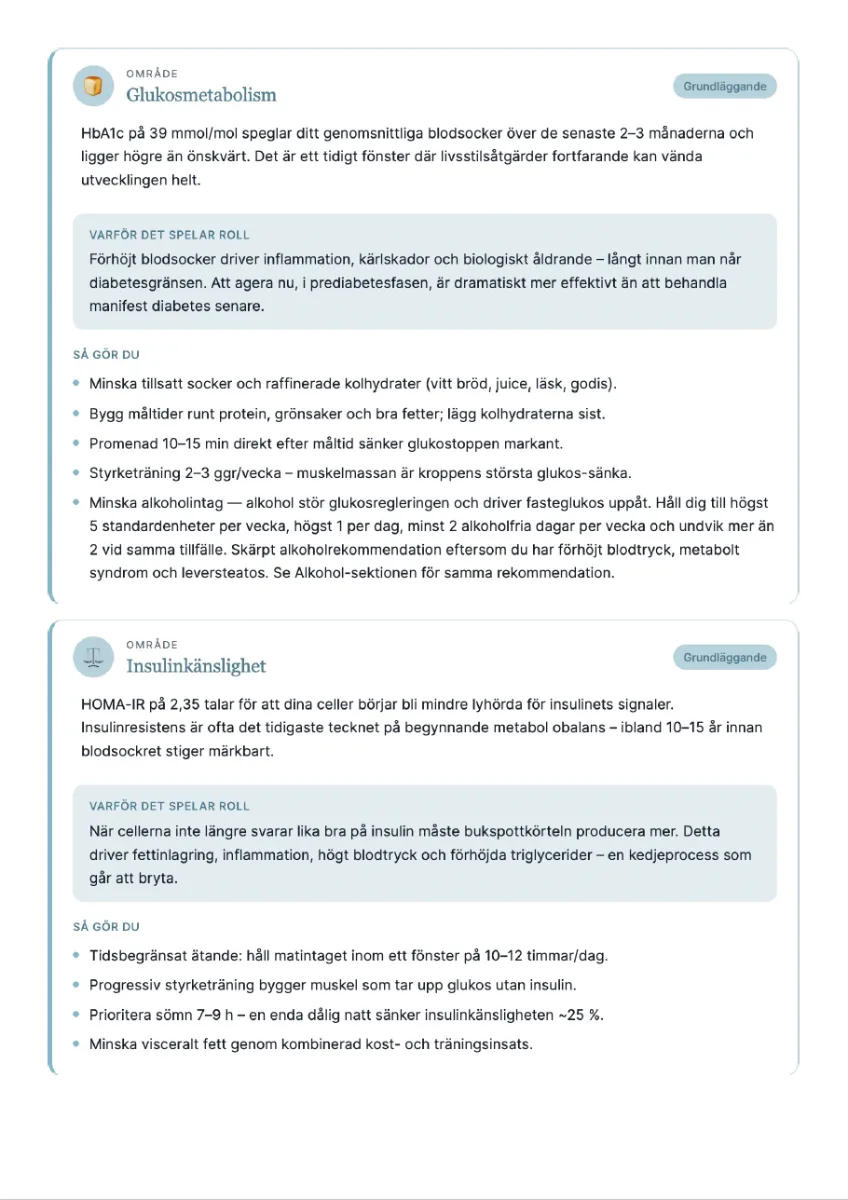 Exempel ur hälsorapport från Vitala Premium — rådgivning och individuell longevity-plan